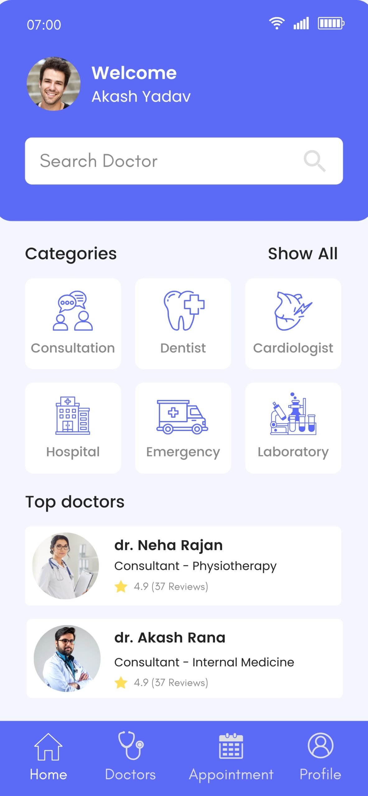 Blue Minimalist Doctor Appointment Booking App Mobile Prototype